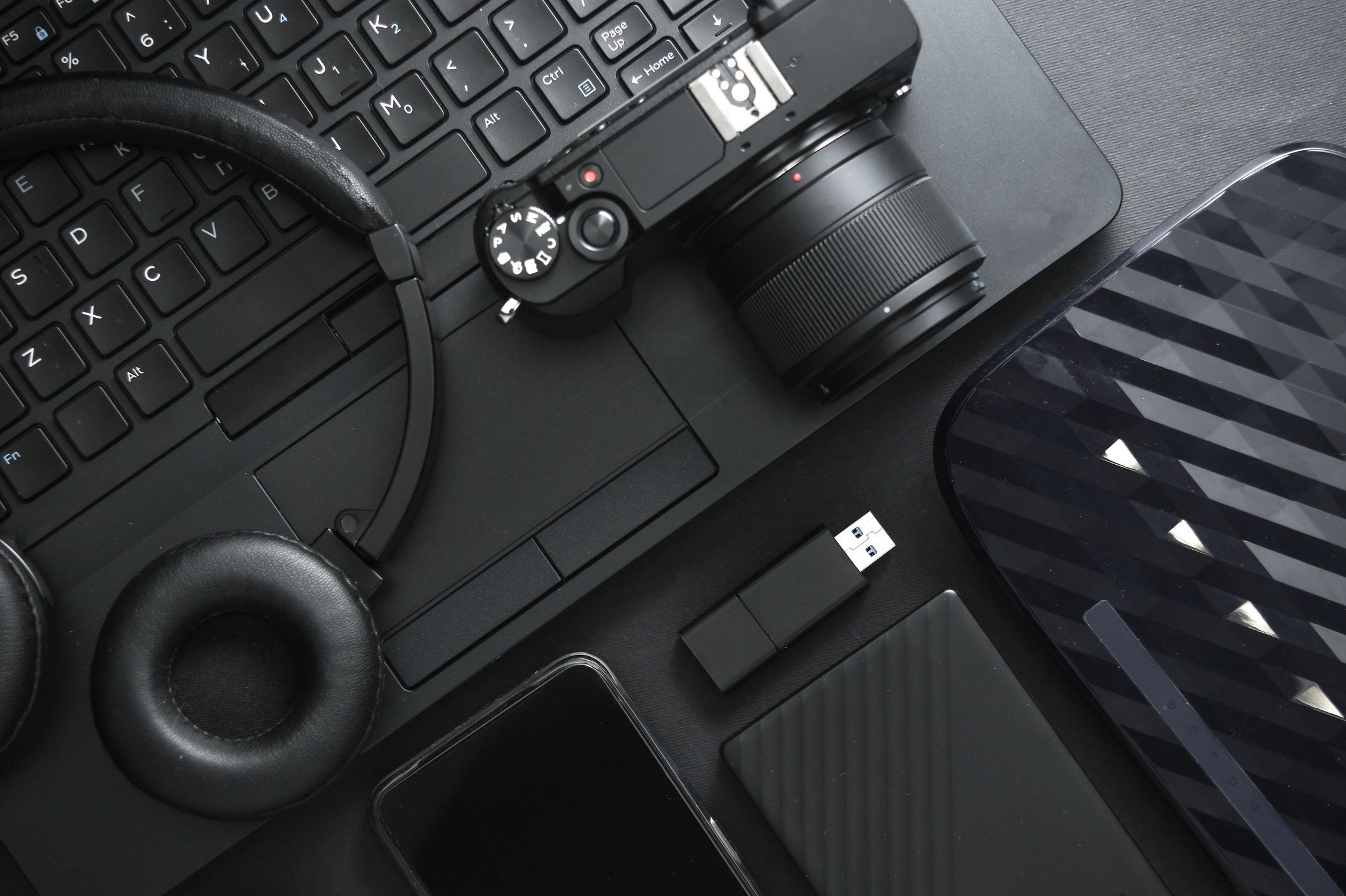 Modern black gadgets and accessories.